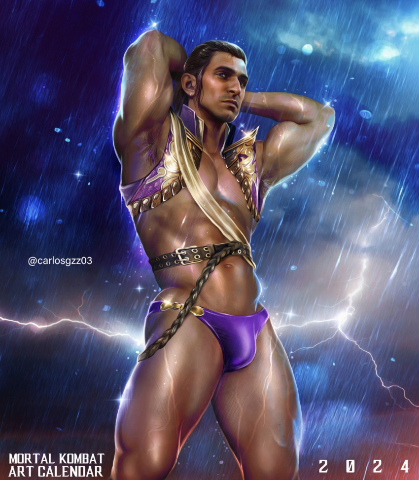 abs bara biceps bulge carlos_gzz edenian hands_behind_head lightning male male_only mortal_kombat muscles muscular muscular_male rain rain_(mortal_kombat) solo speedo thick_thighs