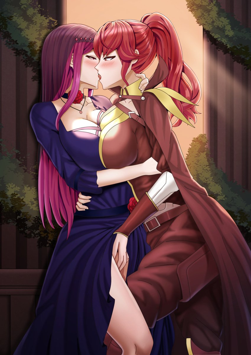 2girls accessory against_wall alternate_costume anna_(fire_emblem) anna_(fire_emblem_awakening) arm_around_neck arm_around_waist asymmetrical_docking bare_thighs belt blush breast_press breasts cape choker cleavage clothed clothes_lift collarbone dress dress_lift female female_only fingering fingering_partner fire_emblem fire_emblem_awakening fire_emblem_engage french_kiss half-closed_eyes hug indoors ivy_(fire_emblem) kissing large_breasts lifted_by_another long_hair looking_at_another multiple_girls necklace nintendo official_alternate_costume pants pillar pink_eyes pink_hair ponytail purple_hair red_eyes red_hair saikunartworks see-through standing thighs tongue tongue_out vaginal_penetration veil very_long_hair yuri