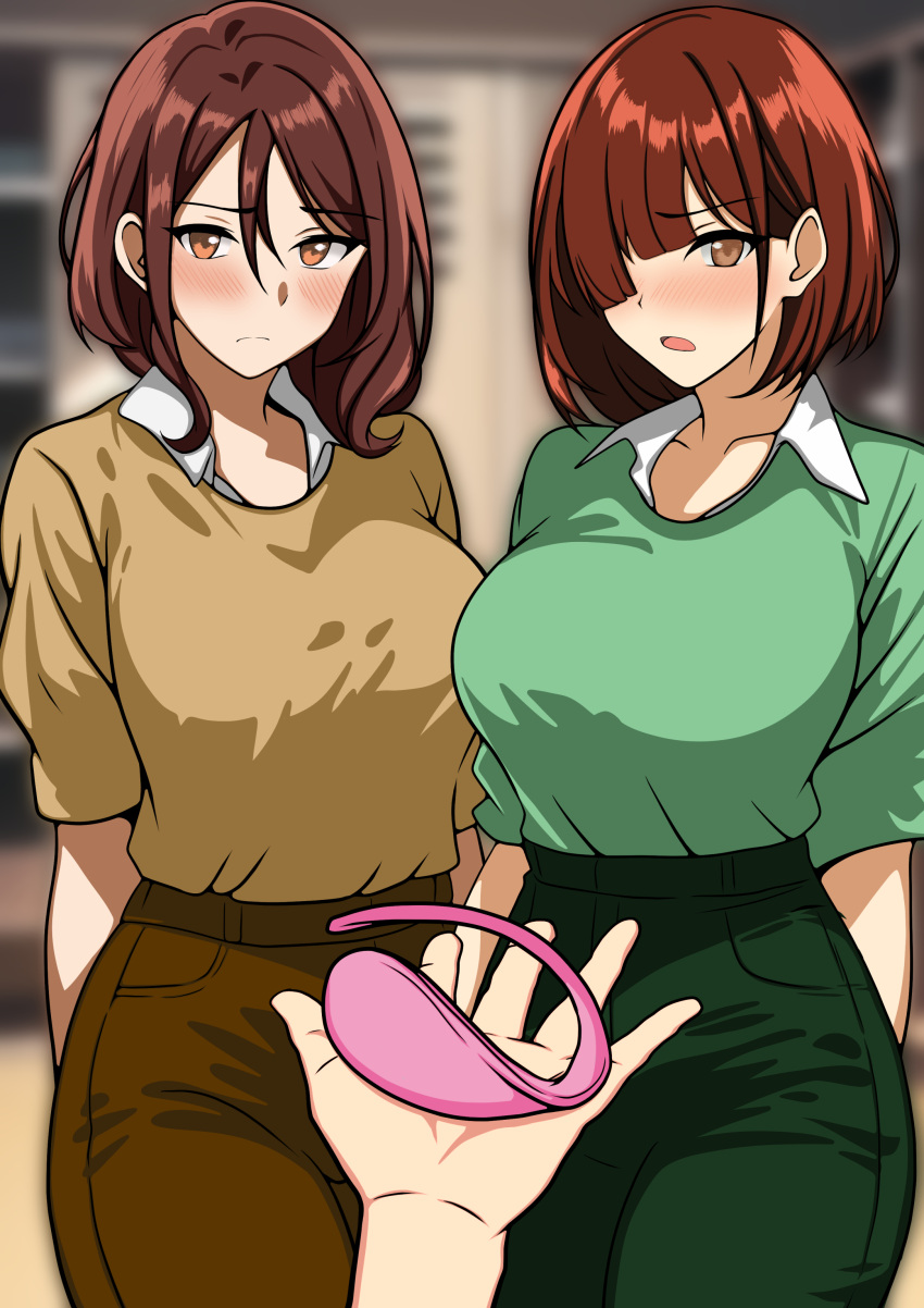 1boy 2girls big_breasts blush breasts brown_eyes brown_hair clothed clothing egg_vibrator hi_res light-skinned_female light-skinned_male light_skin long_hair looking_at_viewer mai_kamogawa medium_breasts minty-(artist) revealing_clothes saotome_hodaka simple_background tsuruhashi_madoka vibrator yankee_jk_kuzuhana_chan