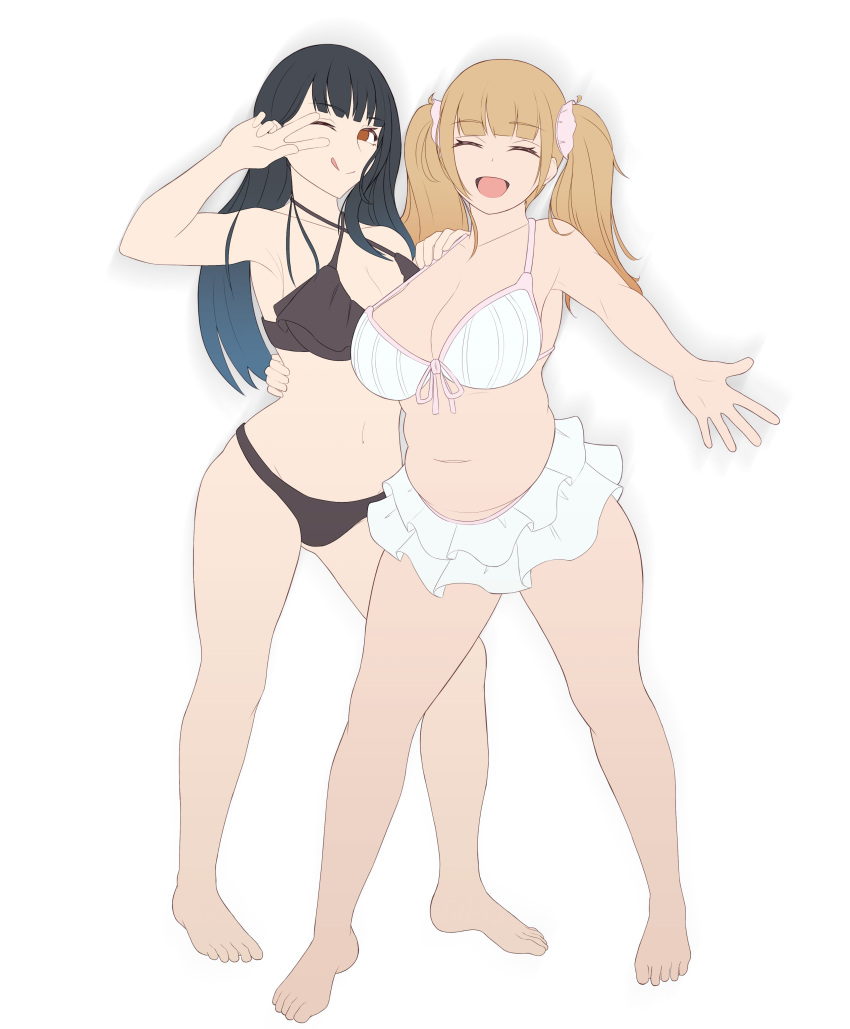 2girls big_breasts bikini black_hair breasts brown_eyes brown_hair cleavage color_edit colored edit female_focus female_only hi_res hiragaslayer light-skinned_female light_skin long_hair looking_at_viewer navel official_art pose simple_background standing takae_kasumi third-party_edit twintails wink yankee_jk_kuzuhana_chan yuna_ushigome