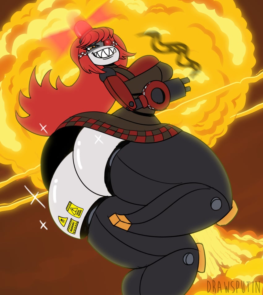 1girls 2d ass big_ass big_breasts bottom_heavy breasts bubble_butt clothed clothing drawsputin evil_grin explosion female female_only glowing glowing_eye gun gun_arm huge_ass large_ass looking_at_viewer mimi_sentry no_underwear red_hair robot robot_girl sentry_(team_fortress_2) sentry_turret team_fortress_2 tf2 thick_thighs thunder_thighs underass valve valve_(company) warning_label wide_hips