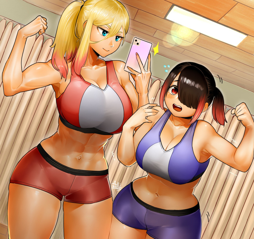 2girls alienzxeno big_breasts blonde_hair breasts brown_hair cleavage female_focus female_only green_eyes hi_res kuzuryuu_hanako light-skinned_female light_skin looking_at_viewer mai_kamogawa navel ponytail pose selfie simple_background sports_bra sportswear yankee yankee_jk_kuzuhana_chan