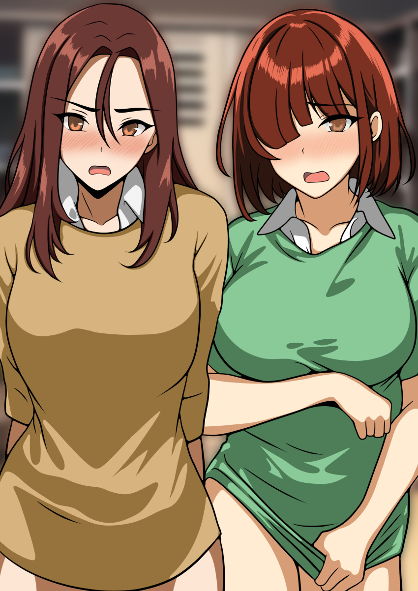 2girls big_breasts blush breasts brown_eyes brown_hair clothed clothing female female_focus female_only half-dressed hi_res light-skinned_female light_skin long_hair looking_at_viewer mai_kamogawa masturbation medium_breasts minty-(artist) multiple_girls revealing_clothes simple_background tsuruhashi_madoka yankee_jk_kuzuhana_chan