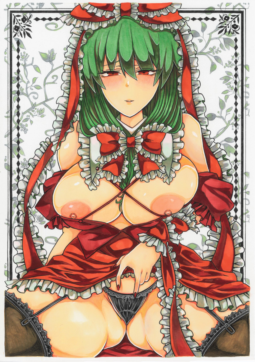 ass_visible_through_thighs black_panties black_thighhighs blush bow bowtie breasts commentary_request dress female floral_background frilled_ribbon frills front_ponytail garter_straps green_hair hair_ribbon half-closed_eyes highres kagiyama_hina large_breasts looking_at_viewer medium_hair nipples panties red_bow red_bowtie red_dress red_eyes red_nails red_ribbon ribbon solo spread_legs thighhighs touhou underwear variant_set washiwa white_background