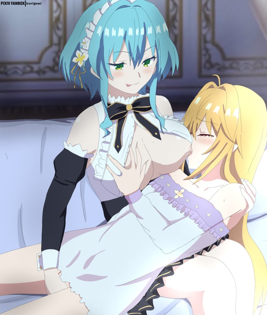 2girls bare_shoulders blonde_hair blue_hair blush breast_sucking breasts closed_eyes fingering fingering_partner grabbing_another's_breast green_eyes hikikomari_kyuuketsuki_no_monmon indoors kurigamikun long_hair looking_at_another maid maid_headdress multiple_girls nursing_fingering pointy_ears short_hair smile terakomari_gandezblood tongue tongue_out villhaze yuri