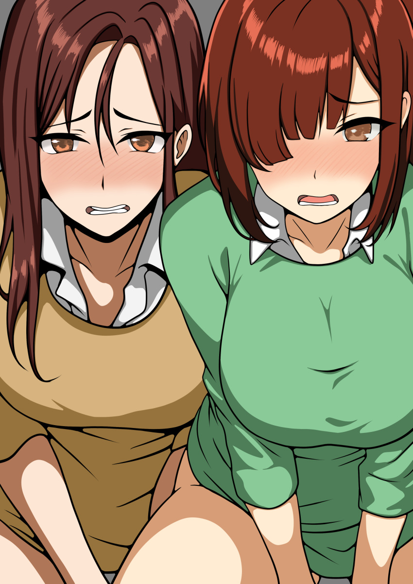 2girls big_breasts blush breasts brown_eyes brown_hair clothed clothing female female_focus female_only half-dressed hi_res light-skinned_female light_skin long_hair looking_at_viewer mai_kamogawa masturbation medium_breasts minty-(artist) multiple_girls revealing_clothes simple_background tsuruhashi_madoka yankee_jk_kuzuhana_chan