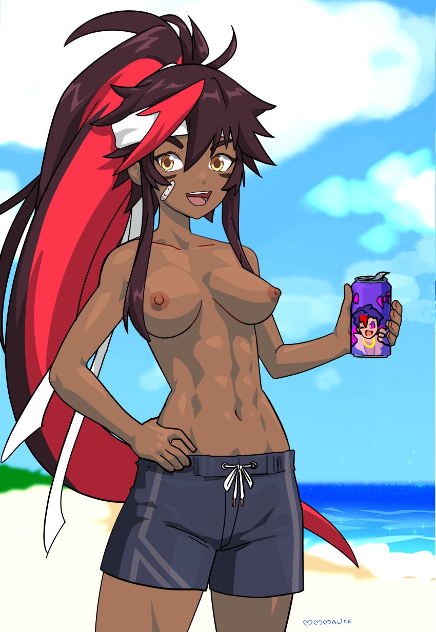 1girls abs beach breasts brown_body brown_hair brown_skin casual clothing dark-skinned_female dark_skin facepaint facial_markings female female_abs female_only gold_eyes headband human juliette_(omega_strikers) long_hair male_swimwear male_swimwear_challenge medium_breasts myahogao nipples omega_strikers ponytail red_hair shorts shorts_only smile soda_can swimwear tomboy topless topless_female two_tone_hair wholesome wholesome_topless yellow_eyes