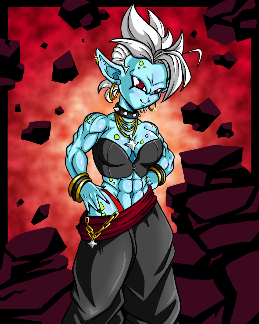 1girls abs baggy_pants blue_skin bracelets dragon_ball female female_focus hoop_earrings humanoid makyo_(superspacewarrior) mohawk_(hairstyle) necklace oc original_character punk_girl red_eyes spiked_collar superspacewarrior toony white_hair