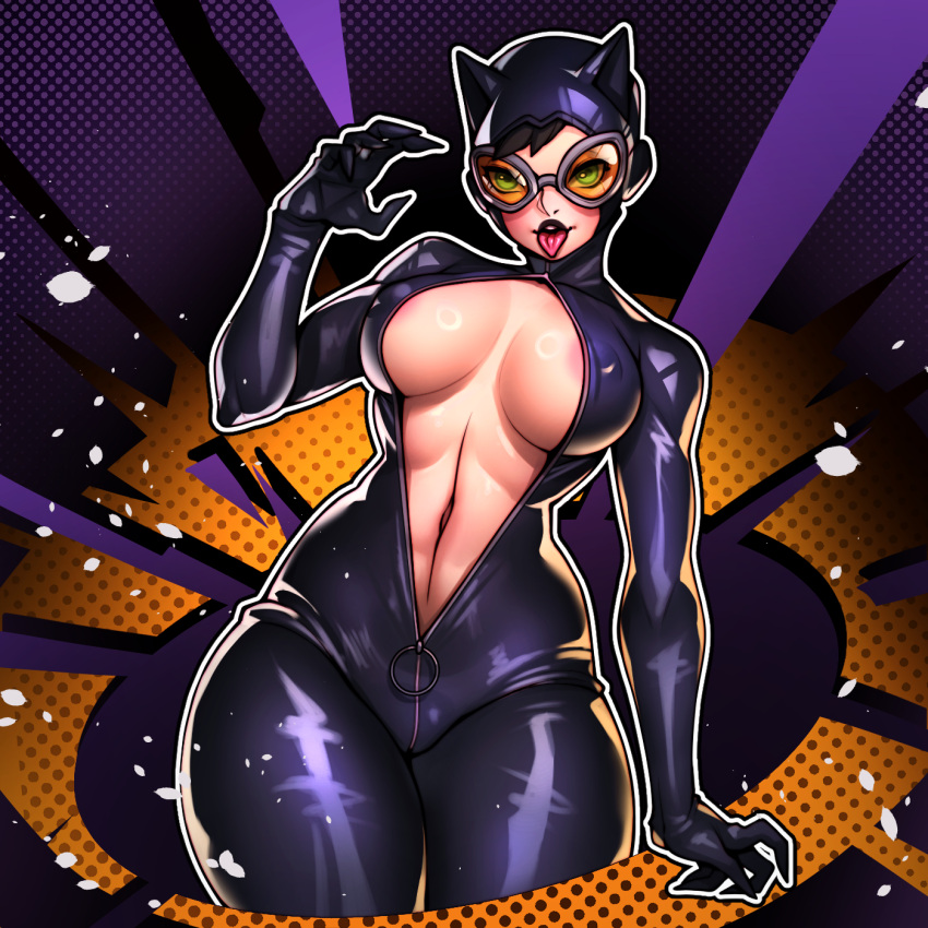 1girls areolae batman_(series) big_breasts cat_ears catsuit catwoman claws danaphus dc dc_comics female female_only glasses googles green_eyes hips huge_breasts latex latex_suit open_bodysuit patreon patreon_exclusive patreon_leak solo superheroine supervillain tongue tongue_out unzipped_bodysuit