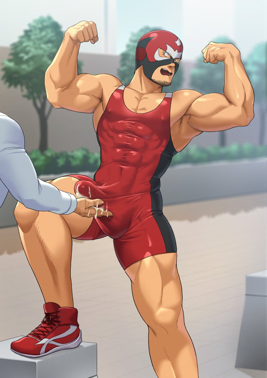 1boy 2020s 2021 balls bara barazoku beard_stubble big_bulge bulge clothing costume cum cum_through_clothes duo erection erection_under_clothes facial_hair flexing_bicep gay genital_fluids goronaoki gorou_naoki hairy hairy_male halloween halloween_costume hand_on_penis handjob hard_on hi_res highres holidays huge_bulge male male_focus male_only manly masturbation molestation muscular_male penis penis_outline sakamoto_(gorou_naoki) solo_focus tight_clothing touching_penis yaoi