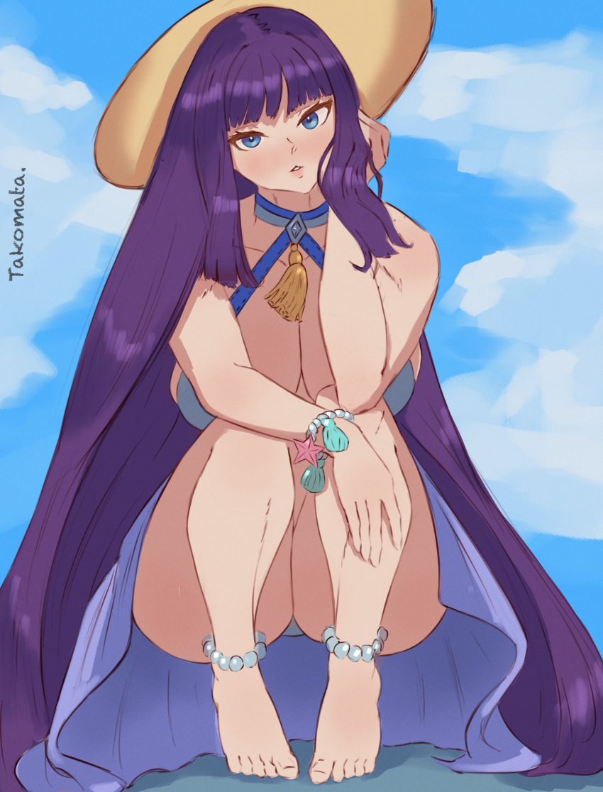 1girls absurdly_long_hair alternate_costume altina_(fire_emblem) altina_(summer)_(fire_emblem) bangs bare_arms bare_legs bare_shoulders barefoot blue_eyes breasts cleavage collarbone female female_only fire_emblem fire_emblem:_radiant_dawn fire_emblem_heroes grey_one-piece_swimsuit grey_swimsuit hand_on_own_face hand_on_own_leg hat large_breasts legs long_hair looking_at_viewer nintendo official_alternate_costume one-piece_swimsuit outdoors purple_hair shoulders solo squatting swimsuit takomata thick_thighs very_long_hair