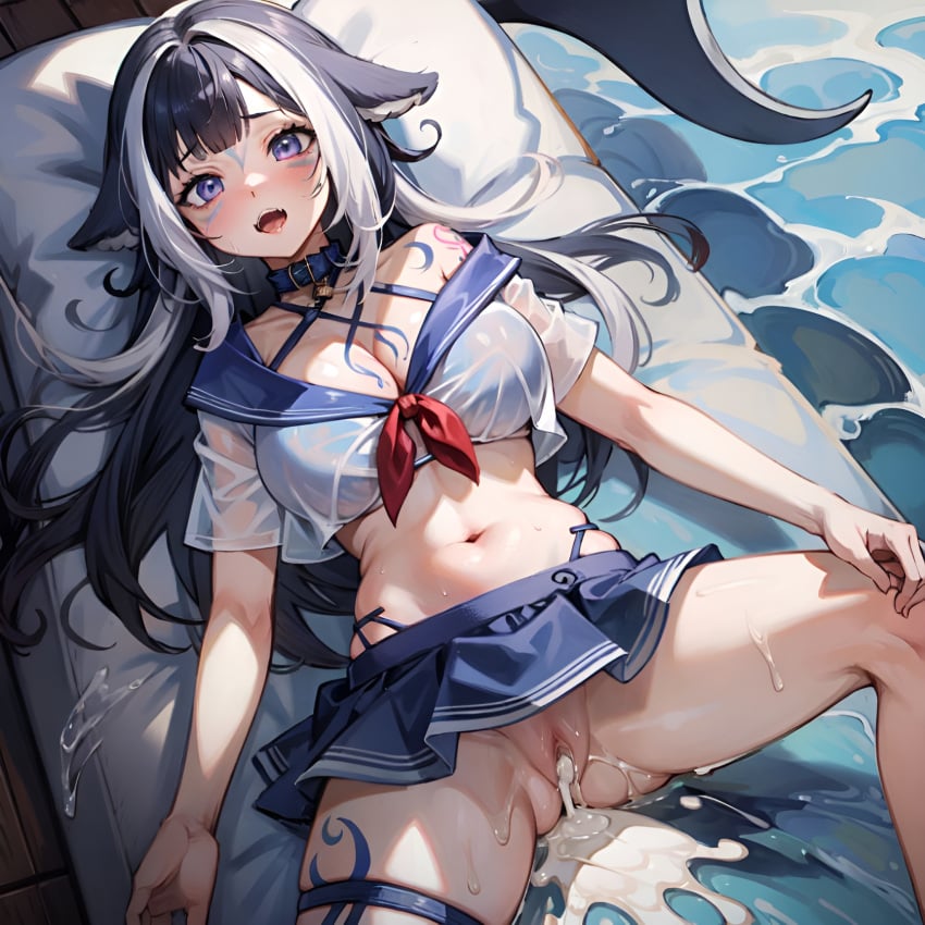 1girls after_sex ai_generated cleavage cum cum_in_pussy fangs hi_res large_breasts multicolored_hair open_mouth purple_hair pussy school_uniform shylily skirt spread_legs stable_diffusion virtual_youtuber