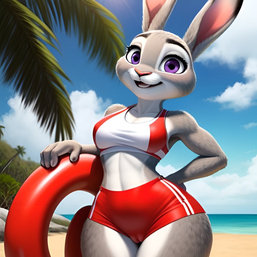 1girls 2020s 2023 ai_generated anthro cameltoe disney female female_only floatation_device frosting.ai furry judy_hopps lifeguard rabbit rabbit_humanoid scalieton self_upload tight_clothing zootopia