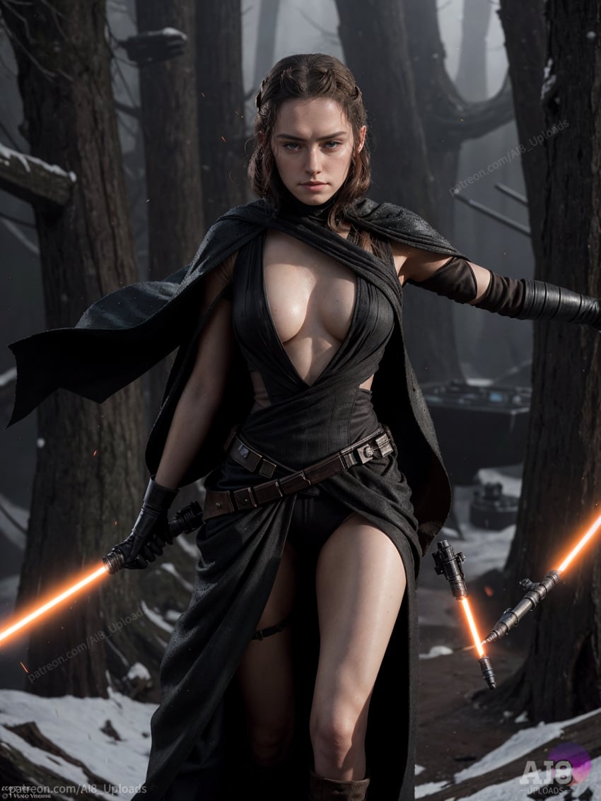 1girls actor actress ai8_uploads ai_generated ai_hands big_breasts celebrity cleavage daisy_ridley detailed empire exposed female female_only forest high_quality hourglass_figure hyperrealistic landscape lightsaber looking_at_viewer open_clothes perfect_body photorealistic rey sensitive sith_lady sith_rey small_waist solo space stable_diffusion star_wars