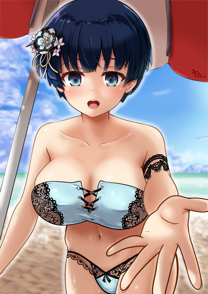 1girls arm_strap bangs beach beach_umbrella bikini blue_eyes blue_hair blunt_bangs cleavage cloud day female flower flower_in_hair front-tie_top large_breasts light-skinned_female light_skin looking_at_viewer mash_mao medium_hair mountain open_mouth outside reaching_out sand senran_kagura sky solo standing straight_hair strapless yozakura_(senran_kagura)