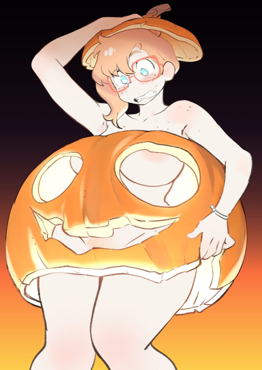 absurd_res big_breasts blue_eyes blush colo female freckles glasses halloween hi_res hips naked no_visible_genitalia nude pumpkin rita_(colo) sweet_hex tagme