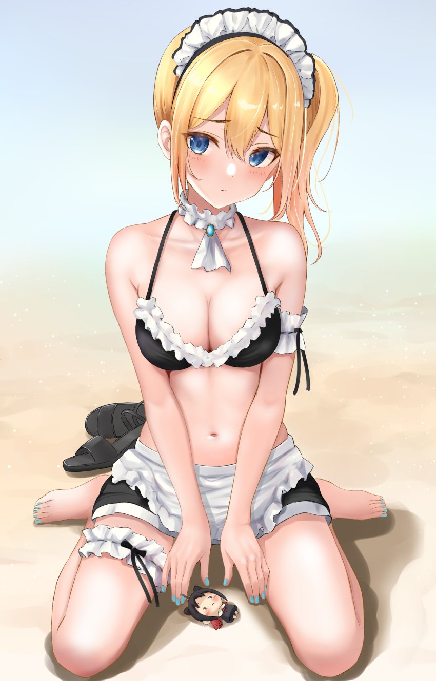 apron asymmetrical_hair barefoot bent_knees bikini black_bikini black_swimsuit blonde_hair blue_eyes blue_nails blush breasts bridal_garter ca_paria charm_(object) clavicle cleavage closed_mouth clothing collar feet female female footwear footwear_removed frilled_collar frills full_body hayasaka_ai headdress headwear high_resolution highres kaguya-sama_wa_kokurasetai_~tensai-tachi_no_renai_zunousen~ looking_at_viewer maid maid_apron maid_bikini maid_headdress medium_breasts nail_polish navel sandals sandals_removed side_ponytail sitting_on_person solo stomach swimsuit thighs tied_hair toenail_polish toenails unconventional_maid wariza