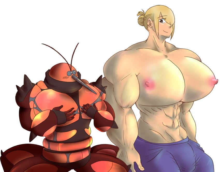 big_bulge big_muscles blush blush_lines breast_envy breast_grab breast_growth breasts bulge buzzwole digital_media_(artwork) duo feral generation_7_pokemon growth hand_on_breast hi_res huge_muscles human human_focus hyper hyper_muscles hyper_pecs interspecies large_pecs male male/male mammal muscular nintendo nipples pokemon pokemon_(species) sequence shy simple_background tapirclip ultra_beast volo_(pokemon)