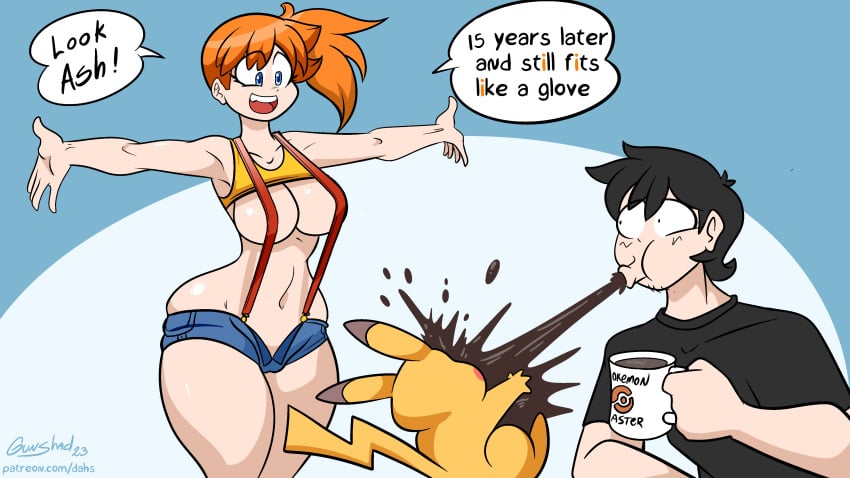 1boy 1boy1girl 1girls aged_up ash_ketchum awooga big_ass big_breasts bursting_clothes comedy crop_top denial fat_ass female fit_female funny funny_face gunshad humor in_denial kasumi_(pokemon) lifted_clothing male misty_(pokemon) oblivious older_female older_male outgrowing_clothes pikachu pokemon satoshi_(pokemon) spilling_out spit-take spitting_drink suspenders t-shirt tagme tight_clothing toned_female toned_male voluptuous voluptuous_female weight_gain wide_hips