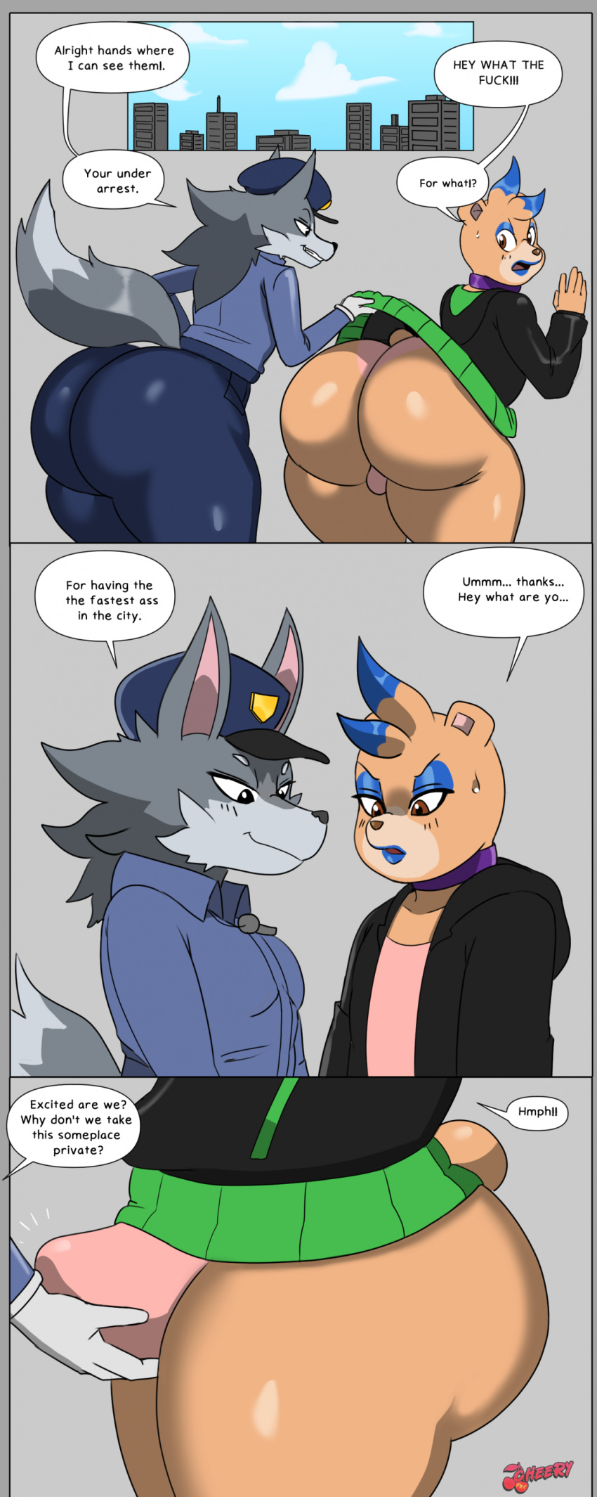 2023 absurd_res anthro anthro_on_anthro ass bear big_butt canid canine canis cherryfox73 colored comic dialogue duo english_text girly hi_res huge_butt male male/male mammal milo_(cherryfox73) text thick_thighs wolf