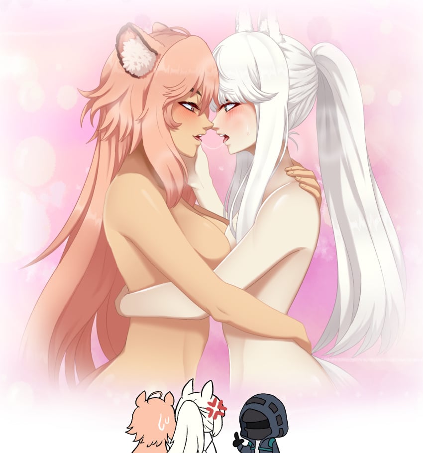 2girls after_kiss animal_ears arknights chibi doctor_(arknights) gravel_(arknights) horse_girl hug incognigoat long_hair multiple_girls pink_hair platinum_(arknights) ponytail saliva_string saliva_trail white_hair yuri