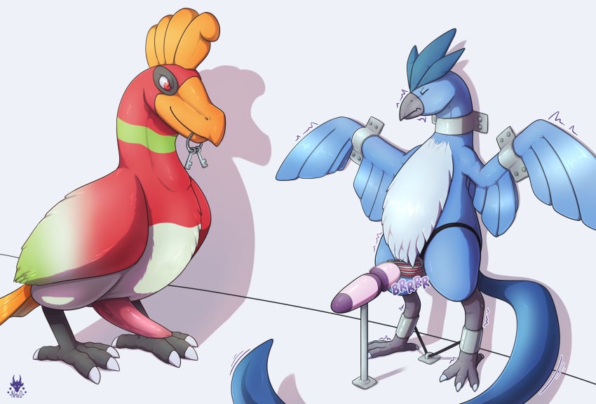 articuno avian beak bird blue_body blue_feathers bondage bound chastity_cage chastity_device closed_eyes digital_media_(artwork) duo edging erection feathers feral furry generation_1_pokemon generation_2_pokemon genitals hi_res hitachi_magic_wand ho-oh legendary_pokemon male male/male n1k0 nintendo penis pokemon pokemon_(species) sex_toy simple_background standing vibrator wand_vibrator