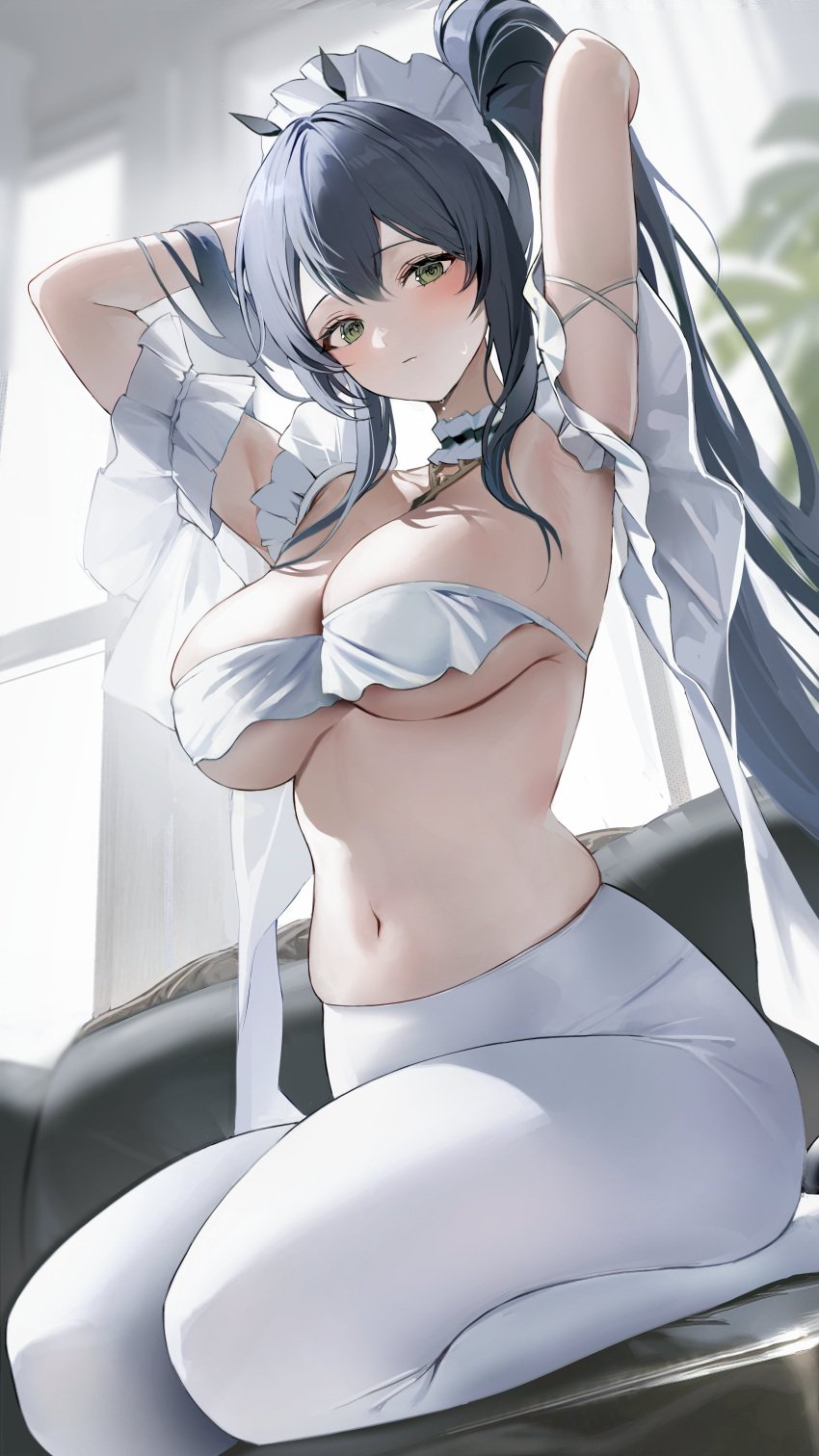 2sham armpits arms_behind_head arms_up azur_lane belly blush bra cleavage collar detached_sleeves expressionless frilled_bra frilled_sleeves huge_breasts indomitable_(azur_lane) kneeling looking_at_viewer midriff navel on_sofa pantyhose sofa underboob white_legwear white_pantyhose