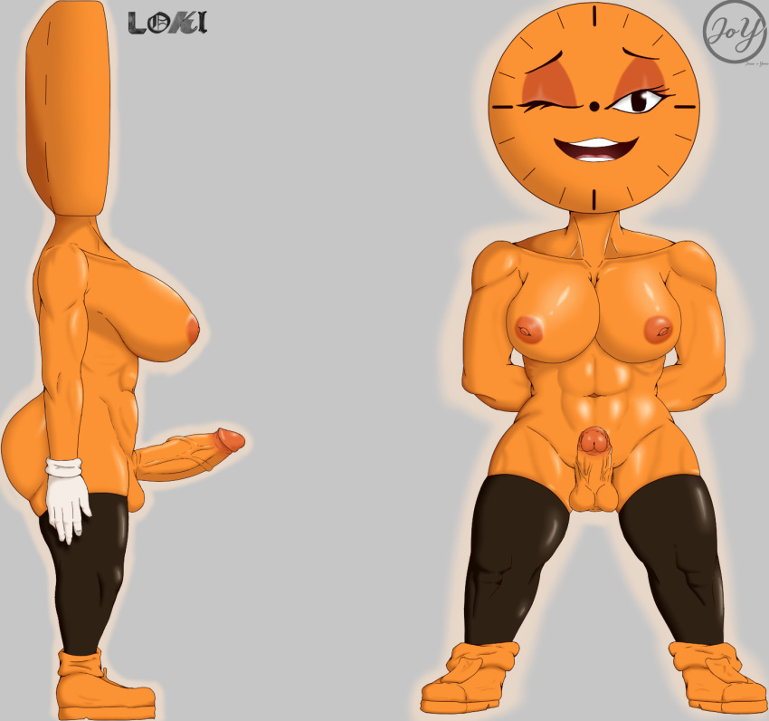 1futa balls big_penis black_eyes breasts erection full_body futa_only futanari humanoid_penis humanoidized loki_(series) marvel miss_minutes nude one_eye_closed orange_body orange_skin penis profile self_upload smile solo standing topless watermark yomu