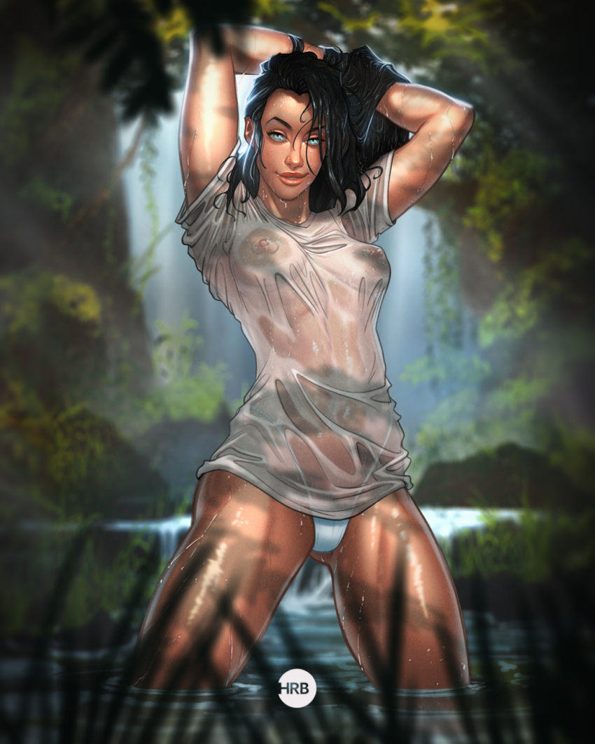 1girls black_hair blue_eyes cowboy_shot female forest forest_background hardbrush highleg highleg_panties light-skinned_female long_hair looking_at_viewer medium_breasts nipples nipples_visible_through_clothing see-through see-through_clothing solo_female thong toned_female water wet_clothes wet_shirt