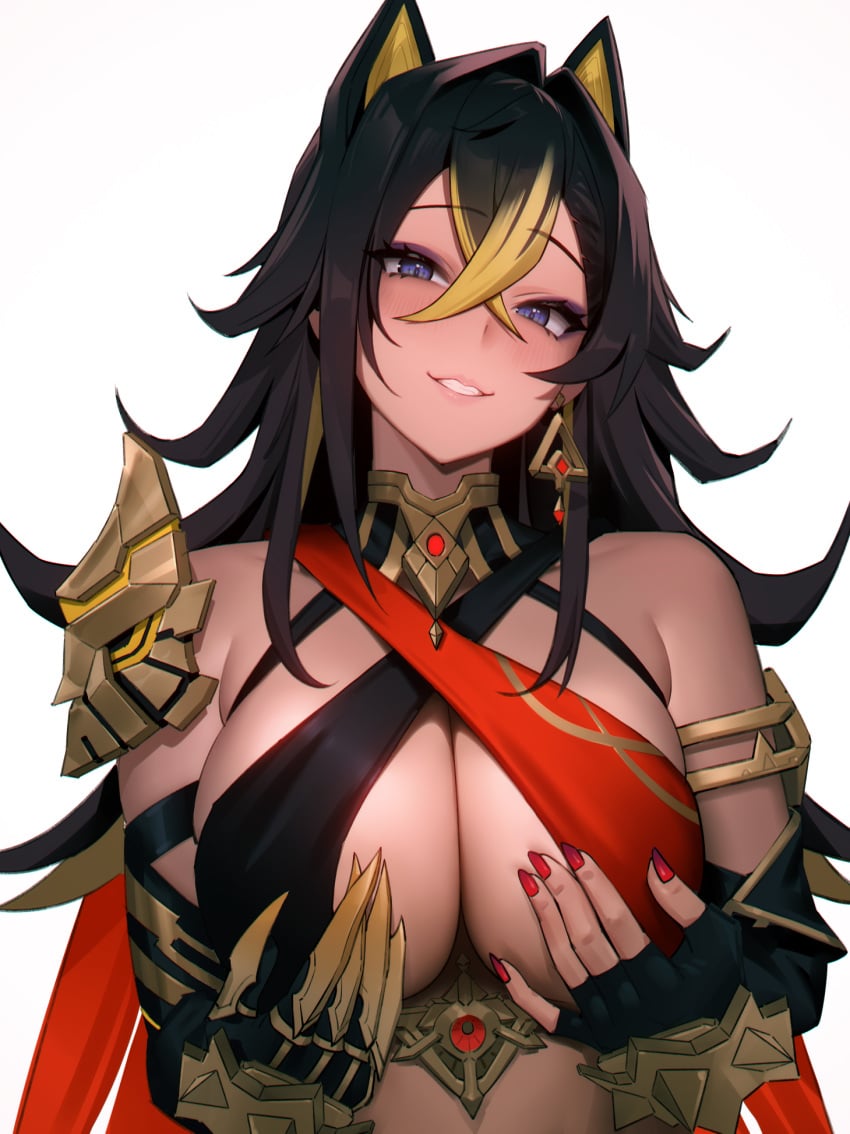 1girls 95--- breasts busty dark-skinned_female dark_skin dehya_(genshin_impact) female genshin_impact grabbing_own_breasts large_breasts naughty_face smile solo sumeru underboob