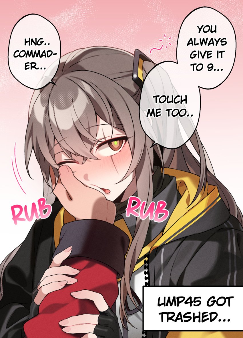 1boy 1girls 2d adorable bechu caressing_face cute english_text female fingerless_gloves girls&#039;_frontline hand_on_cheek hi_res jacket jealous_female scar_across_eye side_ponytail slight_blush speech_bubble straight tagme ump45_(girls&#039;_frontline) wholesome