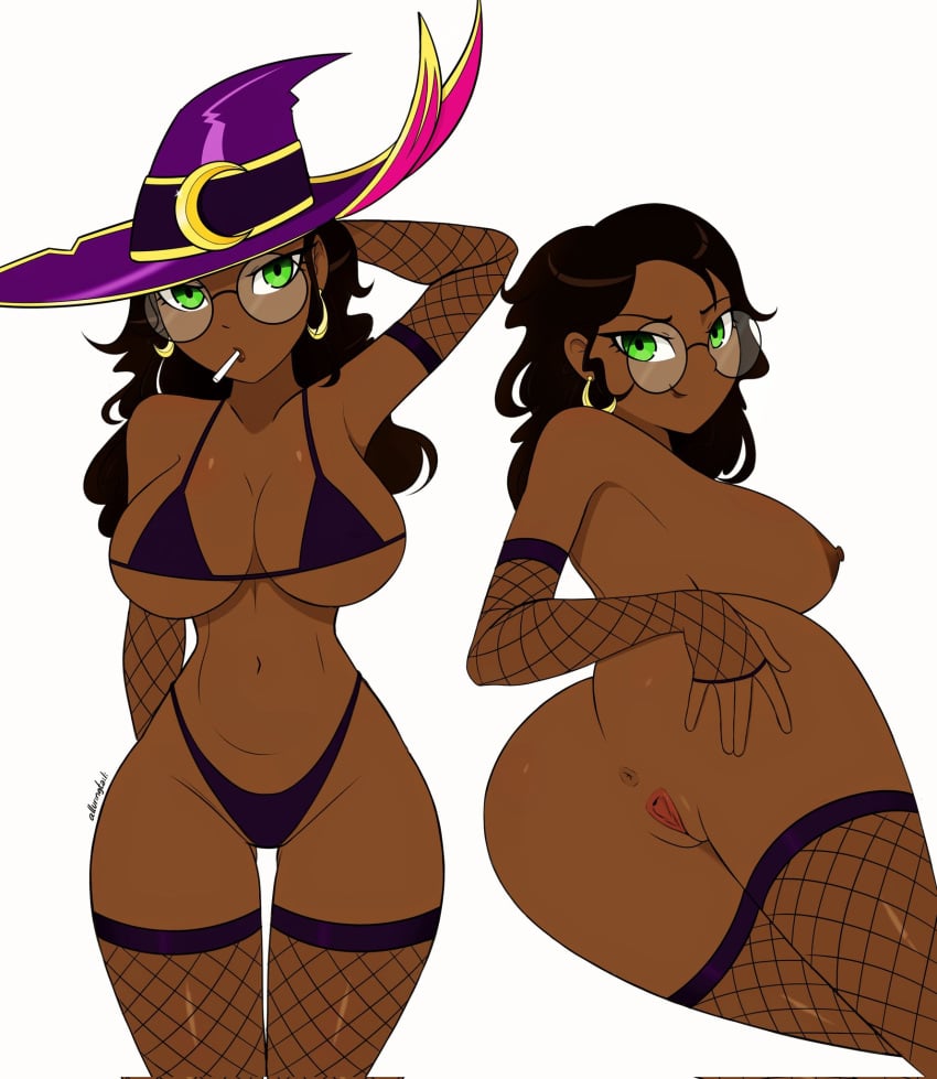 anus ass bewitching_senna big_ass big_butt bikini black_body black_hair breasts cartoony cute green_eyes halloween_costume hat league_of_legends naked naked_female pleasure_face posing senna_(league_of_legends) tales_from_the_rift_series vagina video_games