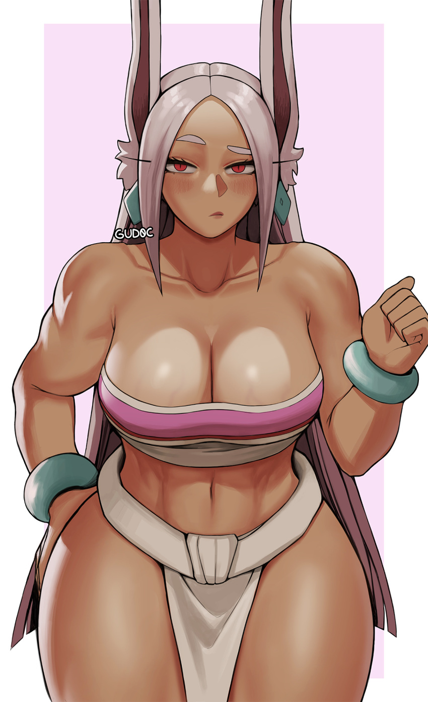 1girls 2023 animal_penis artist_name ass_grab athletic_female belly_button biceps big_breasts blush blushing blushing_at_viewer bottomwear bracelet breasts busty chel_(cosplay) cleavage clothed clothed_female clothes clothing cosplay crop_top crossover_cosplay curvaceous curvy dark-skinned_female dark_skin earrings eyelashes female fit_female front_view fully_clothed gud0c hair hand_on_butt hi_res human large_breasts legs_together long_hair looking_at_viewer midriff miruko muscular_arms my_hero_academia navel pelvic_curtain pink_background rabbit_ears raised_eyebrow red_eyes rumi_usagiyama signature simple_background solo standing stomach thick_thighs thighs three-quarter_portrait topwear veiny_breasts voluptuous white_hair wide_hips