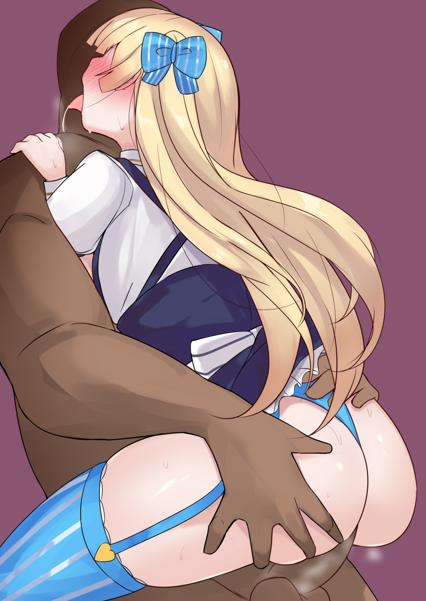 1boy 1girls blonde_hair blush bow clothed_female_nude_male dark-skinned_male dark_skin faceless faceless_female kutan light-skinned_female light_skin lina_bell_roll_(michihasu) maid maid_uniform nose_blush original penetration sex sweat tongue tongue_out twintails vaginal_penetration