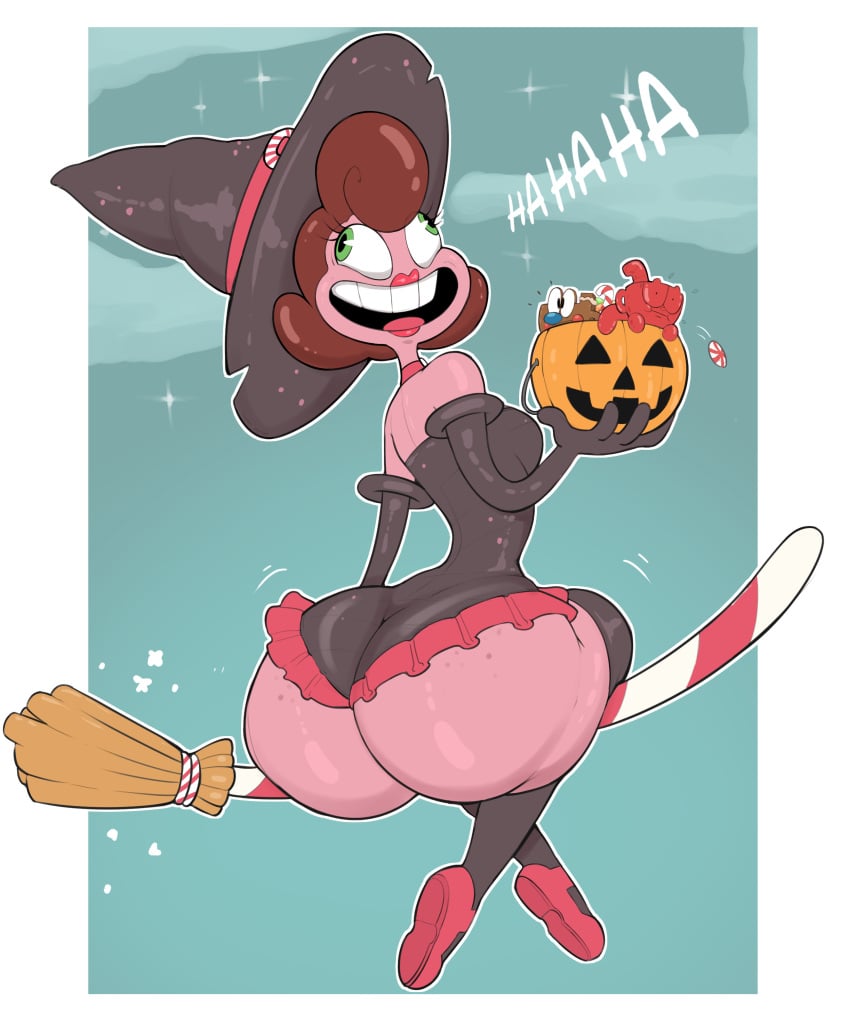 1girls 2023 ass baroness_von_bon_bon big_ass big_butt brown_hair candy_girl costume cuphead_(game) derp derp_eyes female female_focus female_only halloween laugh pac-man_eyes pink_body pink_skin the_cuphead_show usnarbit wide_hips witch_costume witch_hat