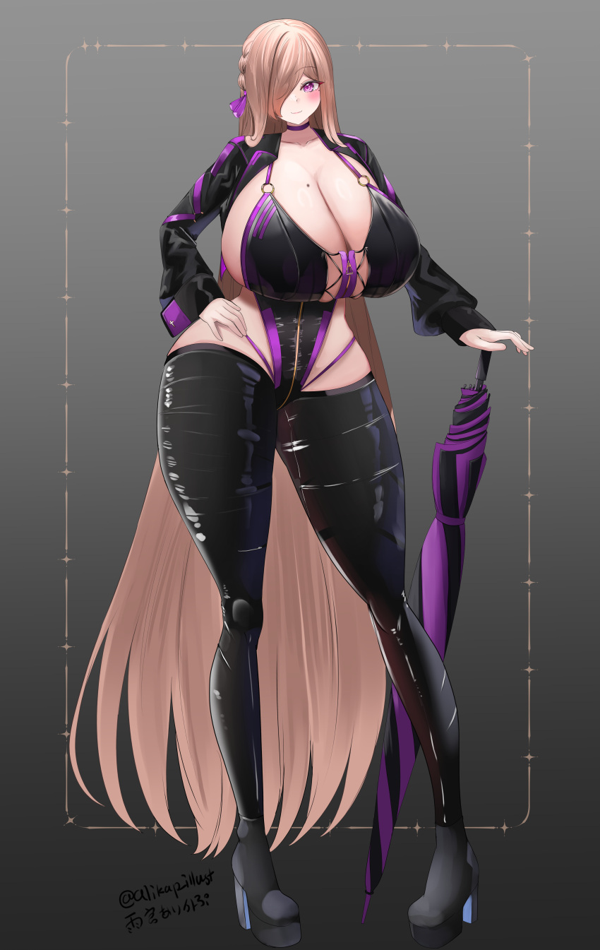 1girls alikap beauty_mark blonde_hair blush breasts clothed clothing female female_only gigantic_breasts hair_over_one_eye light-skinned_female light_skin looking_at_viewer maria_kurumitsuki_(alikap) original pink_eye race_queen revealing_clothes solo umbrella