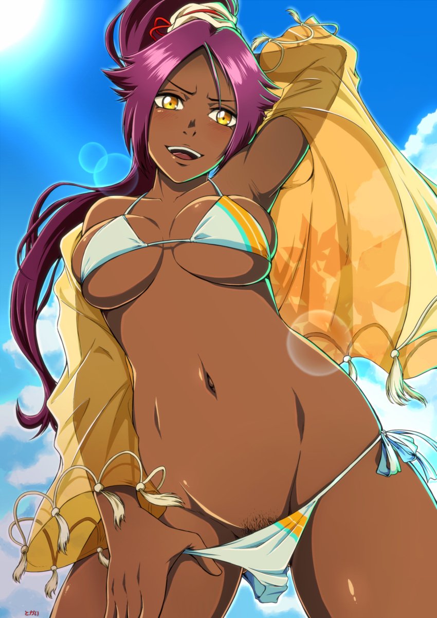 absurdres bikini bikini_bottom_pull bleach
 blue_sky breasts dark-skinned_female dark_skin female female_pubic_hair high_ponytail highres jacket long_hair looking_at_viewer medium_breasts navel open_mouth pubic_hair pubic_hair_peek purple_hair see-through see-through_jacket shihouin_yoruichi sky smile solo swimsuit tokai yellow_eyes yellow_jacket