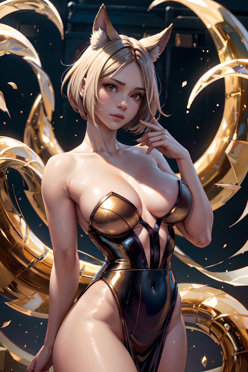 1girls 9_tails ahri ai_generated belly_button blonde_hair fox fox_ears fox_girl fox_tail golden_eyes hi_res highres k/da_ahri k/da_ahri_prestige_edition k/da_series league_of_legends looking_at_viewer makinbits medium_breasts nine_tailed_fox prestige_skin short_hair stable_diffusion vastaya