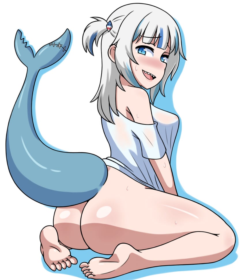 ass bottomless female gawr_gura hololive hololive_english hololive_myth looking_at_viewer looking_back on_knees see-through_clothing shark_tail sharp_teeth small_breasts smile solo sweat t-shirt_only virtual_youtuber winzaku_(asakura)