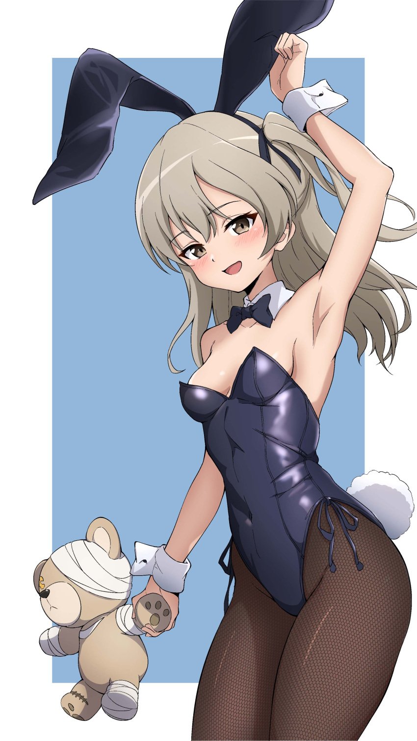 black_bowtie black_leotard blush boko_(girls_und_panzer) breasts brown_eyes brown_hair brown_pantyhose bunny_ears bunny_tail covered_navel fake_animal_ears fake_tail female girls_und_panzer leotard long_hair looking_at_viewer nijizuki_shino open_mouth pantyhose playboy_bunny shimada_arisu small_breasts smile solo stuffed_toy