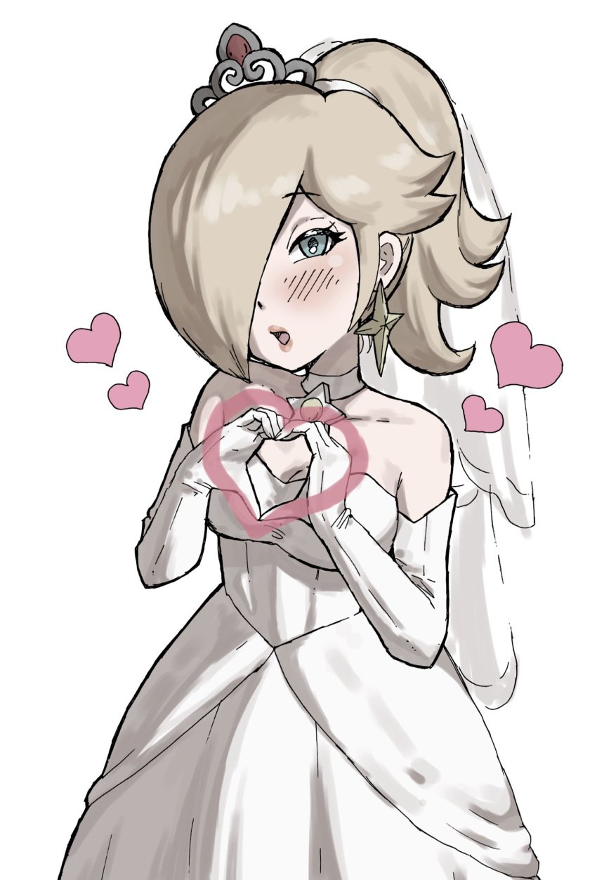 1girls big_breasts blonde_hair blue_eyes blush bridal_gown bridal_veil bride choker color detached_sleeves female gloves hair_over_one_eye hand_heart heart long_hair love love_heart low_cut_dress mario_(series) nintendo ponytail princess_rosalina star_earrings super_mario_galaxy super_mario_odyssey tiara veil wedding wedding_dress wedding_peach_(super_mario_odyssey)_(cosplay) white_dress white_gloves yamino_ekakinin