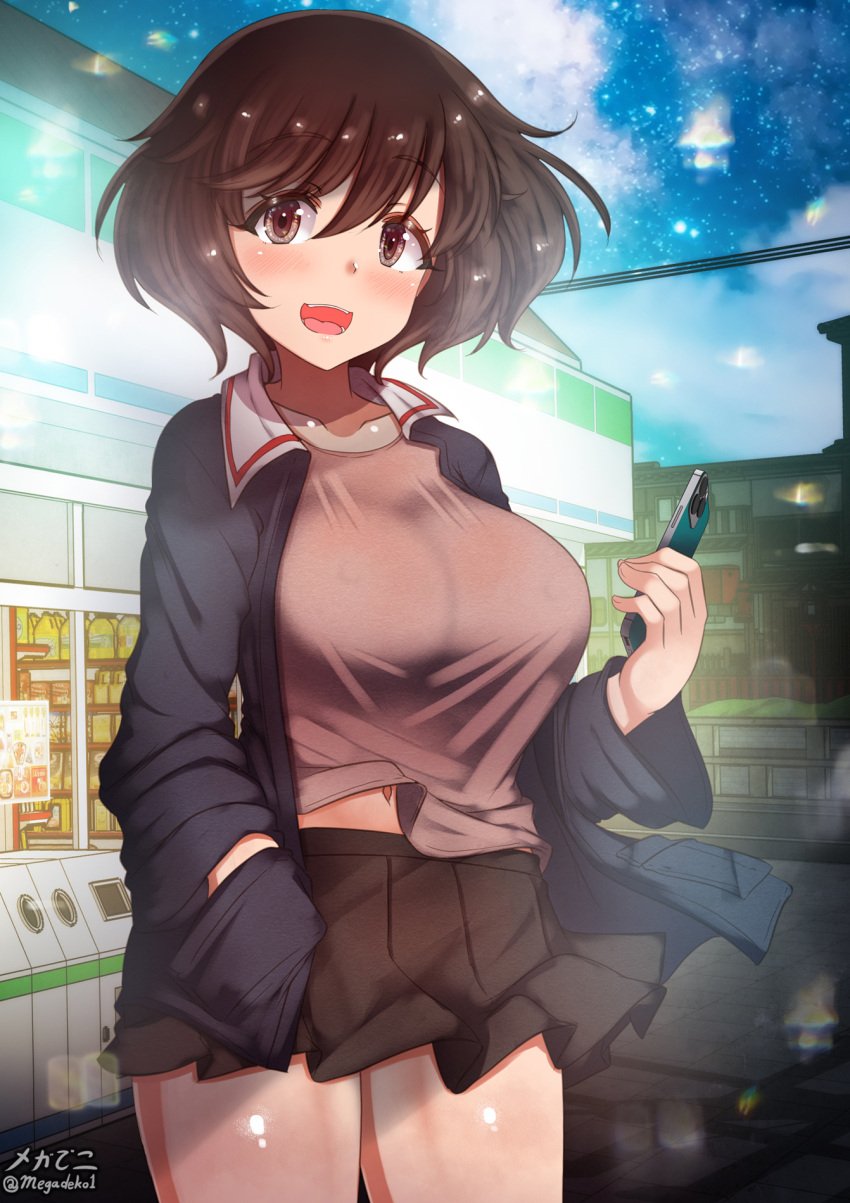 akiyama_yukari aquaegg blush breasts brown_eyes brown_hair collarbone female girls_und_panzer hand_in_pocket iphone large_breasts looking_at_viewer military_uniform miniskirt navel ooarai_military_uniform open_mouth outdoors short_hair skirt sky smile solo uniform