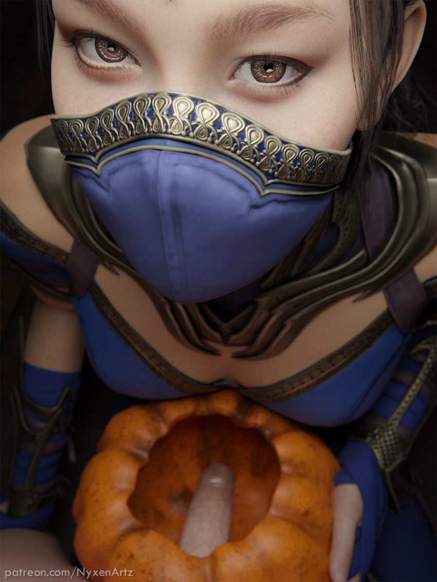 anonymous_male asian_female edenian female flaccid flaccid_penis halloween kitana kitana_(new_era) looking_at_viewer masked_female mortal_kombat mortal_kombat_1_(2023) nyxenartz partial_male penis penis_in_pumpkin pumpkin