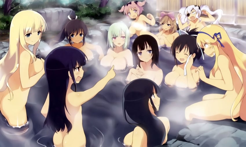 10s 2015 6+girls absurdres angry ass asuka_(senran_kagura) black_hair blonde_hair breasts brown_hair butt_crack closed_eyes dark-skinned_female dark_skin female_focus haruka_(senran_kagura) hibari_(senran_kagura) highres homura_(senran_kagura) ikaruga_(senran_kagura) kagura_(senran_kagura) katsuragi_(senran_kagura) large_breasts long_hair marvelous mirai_(senran_kagura) multiple_girls naraku_(senran_kagura) nude official_art onsen pink_hair saliva senran_kagura senran_kagura_2_deep_crimson sitting smile water white_hair yaegashi_nan yagyuu_(senran_kagura) yomi_(senran_kagura)