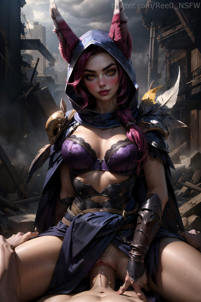 1boy absurd_res absurdres ai_generated animal_ears arm_guards artist_name blush bra breasts cape cleavage clitoris cowgirl_position cowgirl_position ears_through_headwear feathers female female_pubic_hair fingerless_gloves hair_over_shoulder hi_res highres hood large_breasts league_of_legends league_of_legends:_wild_rift lips looking_at_viewer mole mole_on_breast mole_on_thigh outdoors penis piercing pink_hair pov pubic_hair purple_bra pussy realistic ree0 riot_games sex solo_focus spread_legs straddling straight sweat uncensored underwear vaginal_penetration xayah yellow_eyes