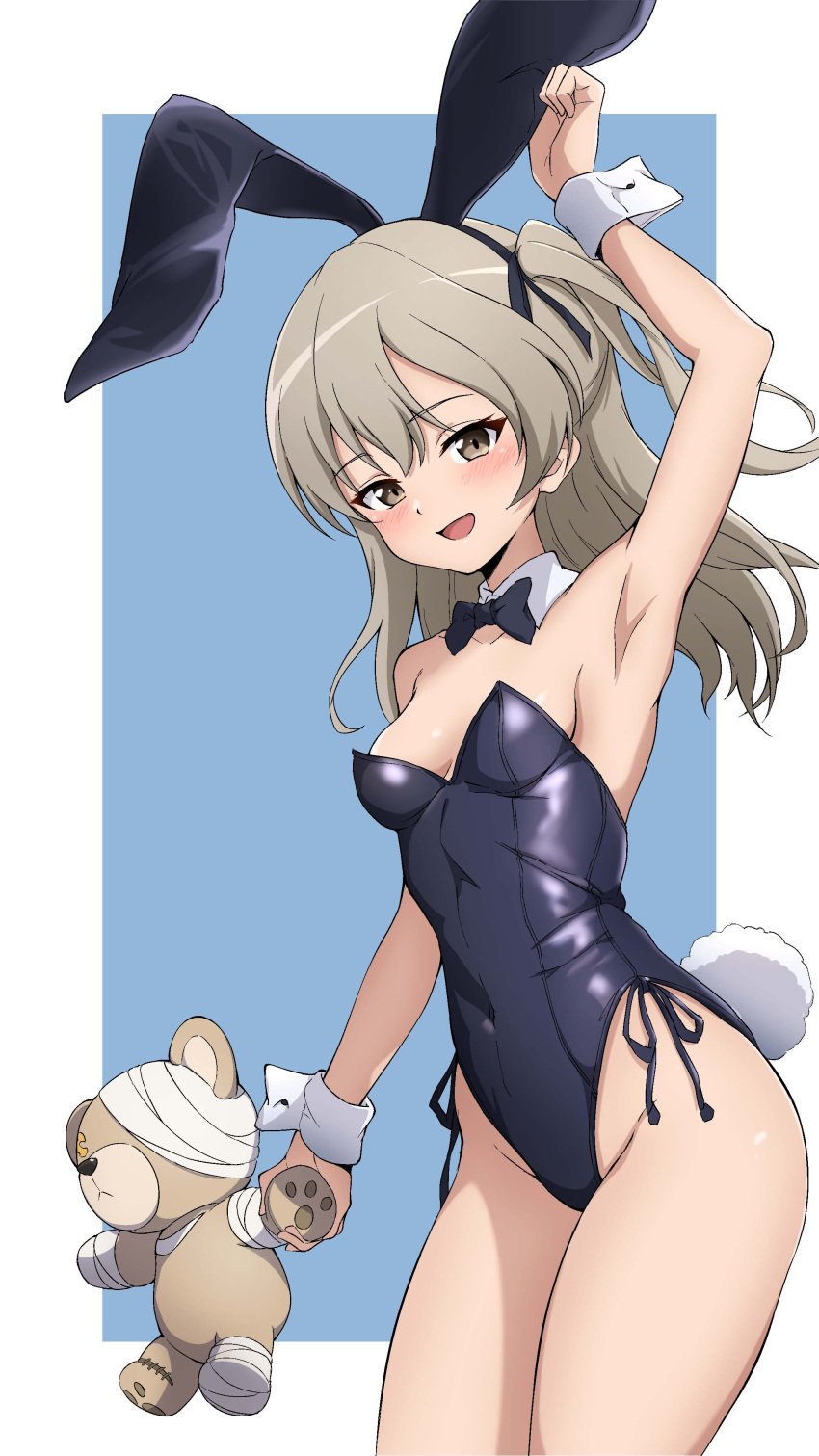 black_bowtie black_leotard blush boko_(girls_und_panzer) breasts brown_eyes brown_hair bunny_ears bunny_tail covered_navel fake_animal_ears fake_tail female girls_und_panzer leotard long_hair looking_at_viewer nijizuki_shino open_mouth playboy_bunny shimada_arisu small_breasts smile solo stuffed_toy