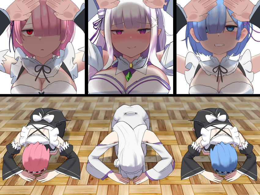 3girls akaoni_(zumt3548/akakiryu2m) blue_eyes blue_hair blush bowing_down dogeza emilia_(re:zero) female female_only flushed flushed_face kneeling kneeling_on_ground light-skinned_female light_skin maid maid_outfit maid_uniform multiple_girls pink_hair purple_eyes ram_(re:zero) re:zero_kara_hajimeru_isekai_seikatsu red_eyes rem_(re:zero) ribbon silver_hair submission submissive submissive_female white_hair