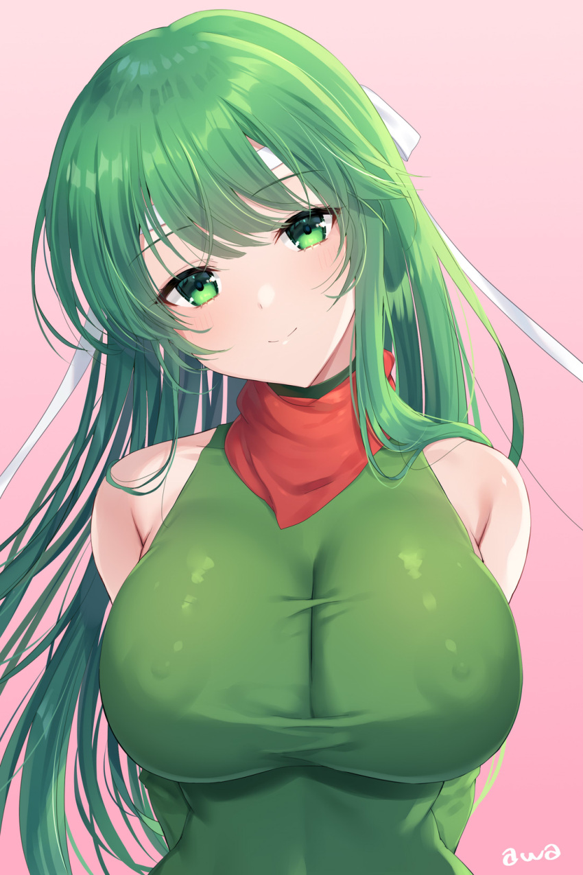 1girls arms_behind_back awayuki_ramika bare_shoulders breasts collarbone covered_areolae covered_nipples elbow_gloves female female_only fire_emblem fire_emblem:_mystery_of_the_emblem fire_emblem:_shadow_dragon_and_the_blade_of_light gloves green_eyes green_hair head_tilt headband large_breasts long_hair looking_at_viewer nintendo palla_(fire_emblem) scarf shoulders smile solo upper_body very_long_hair