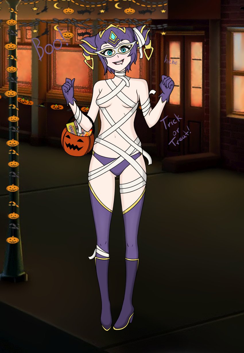 an_hydrolyst bandage blue_eyes candy female halloween humanized mirage_(warframe) mirage_prime_(warframe) mummy_costume mummy_wrappings purple_hair warframe