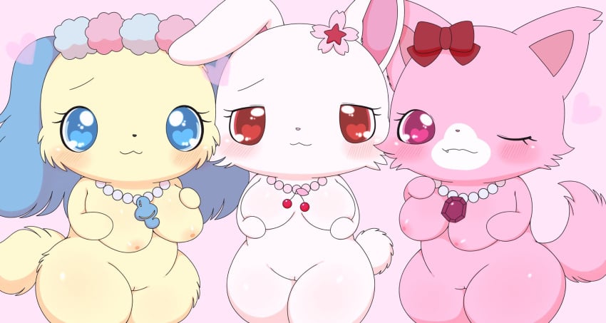 <3_eyes accessory anthro azuo blue_eyes blue_hair blush bow_ribbon breasts canid canine canis domestic_cat domestic_dog facial_tuft felid feline felis female flower flower_in_hair fur garnet_(jewelpet) genitals group hair hair_accessory hair_ribbon hairbow heart hi_res jewelpet jewelry lagomorph leporid mammal necklace nipples one_eye_closed persian_cat pink_balls pink_body pink_eyes pink_fur plant pussy rabbit red_eyes ribbons ruby_(jewelpet) sanrio sapphie semi-anthro thick_thighs trio white_body white_fur wide_hips wink yellow_body yellow_fur